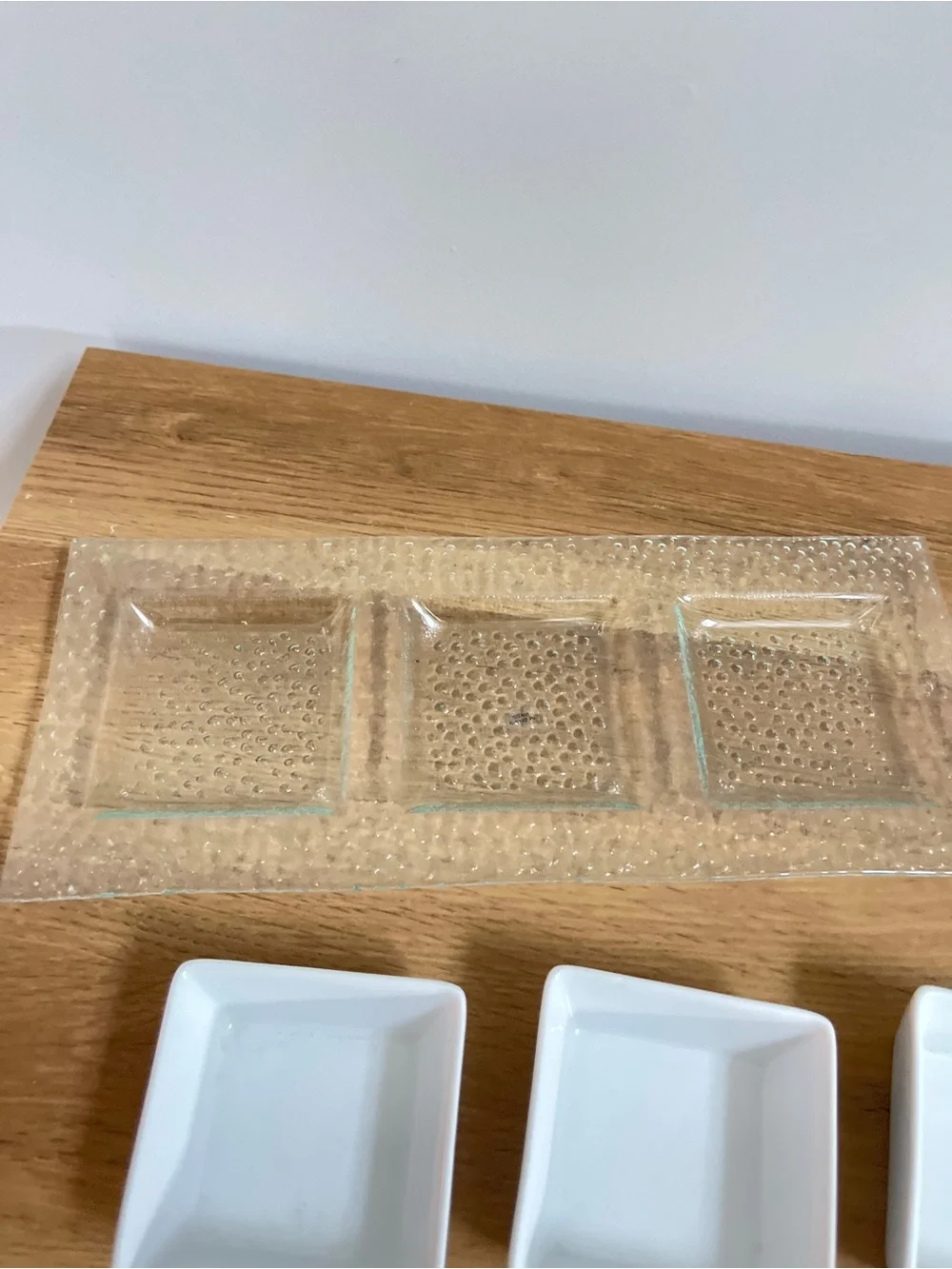 Pier One Tasting Party Set Triple White Ceramic Dipping Bowls on Glass Tray